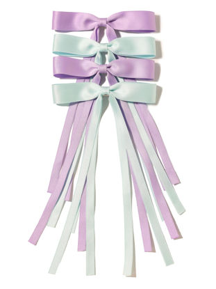 Picture of LFOUVRE Bow Hair Clips, 4pcs Hair Bows for Women, Hair Clips Bow with Long Tail, Tassel Ribbon Hair Clips for girls, Claw Clips with Bow, Bowknot Barrettes, Hair Accessories for Women Purple Sky Blue