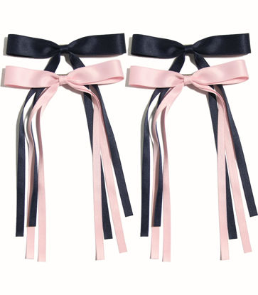 Picture of 4pcs Hair Clips for Women Tassel Ribbon Bowknot Hair Clips with Long Tail, Women Hair Clip for Girl, Solid Hair Clips Long Hair Accessories Barrettes Claw Hair Clips with Bow (Navy Pink)