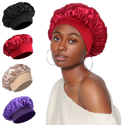 Picture of 4Pcs Satin Bonnet Silk Bonnet, Hair Bonnet for Sleeping, Elastic Wide Band Silk Sleep Cap, Soft and Breathable Silk Hair Wrap for Sleeping (Black Red Purple Gold)