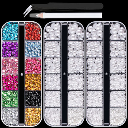 Picture of Flat Back Rhinestone+Half Round Pearl Kits Colorful Rhinestones+White Pearls With Picker Pencil And Tweezer For Home DIY And Professional Use