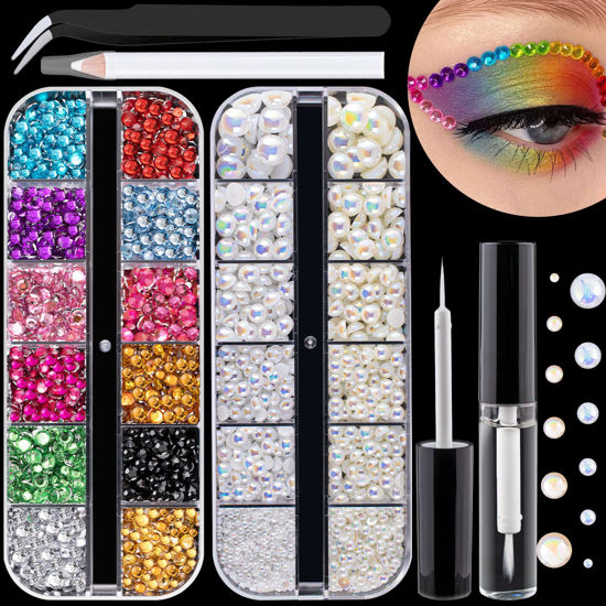 Picture of Flat Back Rhinestone+Half Round Pearl Kits Colorful Rhinestones+White AB&Beige AB Pearls With Quick Dry Makeup Glue+Picker Pencil+Tweezer For Nail Art And Face Make-up