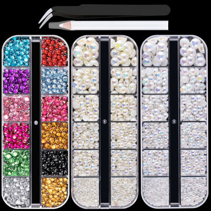 Picture of Flat Back Rhinestone+Half Round Pearl Kits Colorful Rhinestones+White AB+Beige AB Pearls With Picker Pencil And Tweezer For Home DIY And Professional Use