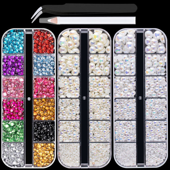 Picture of Flat Back Rhinestone+Half Round Pearl Kits Colorful Rhinestones+White AB+Beige AB Pearls With Picker Pencil And Tweezer For Home DIY And Professional Use