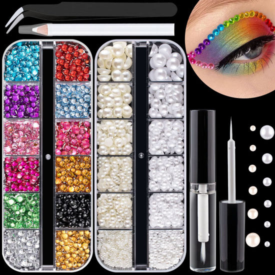 Picture of Flat Back Rhinestone+Half Round Pearl Kits Colorful Rhinestones+White&Beige Pearls With Quick Dry Makeup Glue+Picker Pencil+Tweezer For Nail Art And Face Make-up