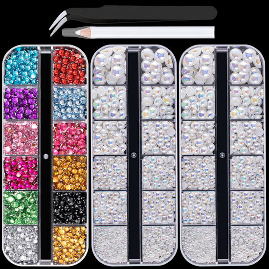 Picture of Flat Back Rhinestone+Half Round Pearl Kits Colorful Rhinestones+White AB Pearls With Picker Pencil And Tweezer For Home DIY And Professional Use