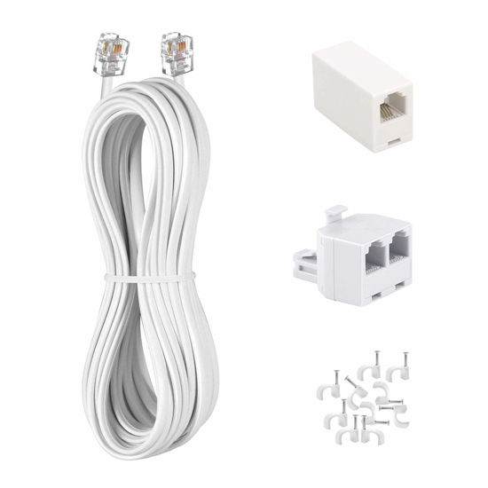 Picture of KINXIYU Phone Cord 15FT, Landline Telephone Cable with RJ11 Plug, Includes Telephone Inline Coupler RJ11 Splitter and 10pcs Cable Clips(White)