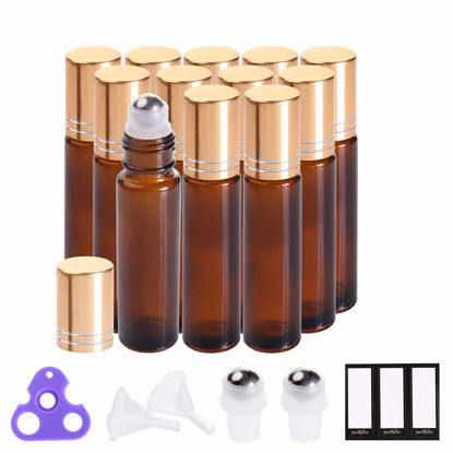 Picture of PrettyCare Essential Oil Roller Bottles 10ml (Amber Glass, 12pack, 2 Extra Roller Balls, 24 Labels, Opener, 2 Funnels Roller Balls, Roll on Bottles)