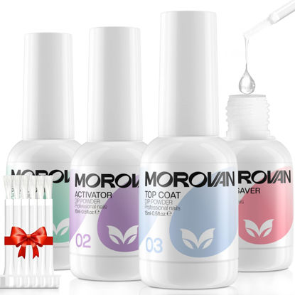 Picture of Morovan Dip Powder Liquid Set with Activator Base Top Coat and Dipping Powder Brush Saver 4pcs 0.5oz for Dip Powder Nail Kit