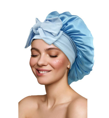 Picture of Satin Bonnet Silk Bonnet Hair Bonnet for Sleeping Large Bonnets with Tie Band Hair Wrap with Adjustable Straps Hair Cap Night Sleep Caps for Women Curly Braid Hair Sky Blue