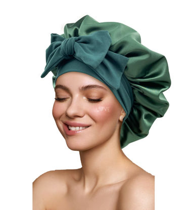 Picture of Satin Silk Bonnet Hair Bonnet for Sleeping Large Bonnets with Tie Band Hair Wrap with Adjustable Straps Hair Cap Night Sleep Caps for Women Curly Braid Hair Hunter Green