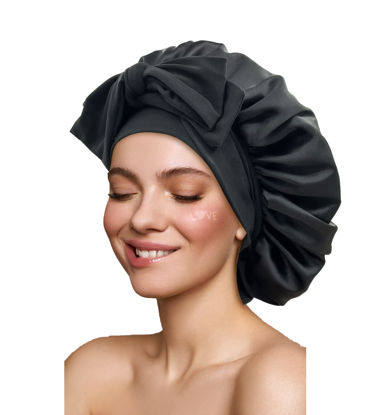 Picture of Satin Bonnet Silk Bonnet Hair Bonnet for Sleeping Large Bonnets with Tie Band Hair Wrap with Adjustable Straps Hair Cap Night Sleep Caps for Women Curly Braid Hair Black