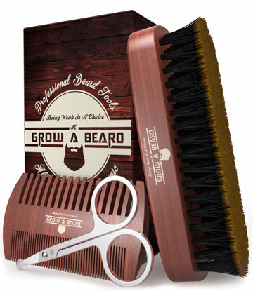 Picture of Beard Brush for Men & Beard Comb Set w/Mustache Scissors Grooming Kit, Natural Boar Bristle Brush, Dual Action Wood Comb, and Travel Bag Great for Christmas Gift (Brown)