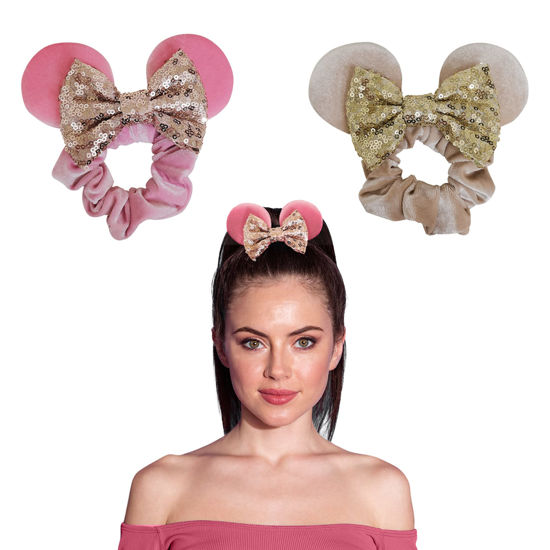 Picture of Styla Hair 2 Pack Mouse Ear Scrunchies for Kids Velvet Hair Bow Scrunchies for Women - Sparkle Sequins Mouse Hair Bands for Pony Tail - Pink Beige Gold