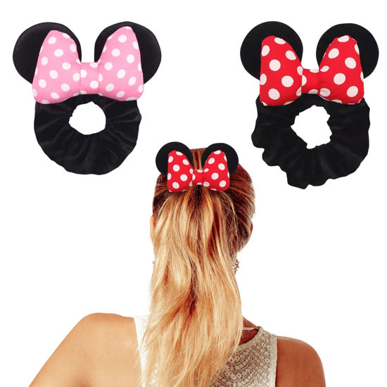 Picture of Styla Hair 2pk Mouse Ear Scrunchies for Kids Velvet Hair Bow Scrunchies for Women - Sparkle Sequins Mouse Hair Bands for Pony Tail (No13 Red White Puff Dot)