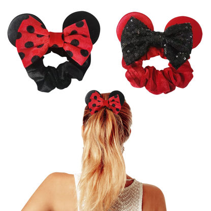 Picture of Styla Hair 2pk Mouse Ear Scrunchies for Kids Velvet Hair Bow Scrunchies for Women - Sparkle Sequins Mouse Hair Bands for Pony Tail (Red Black Polka Dot)