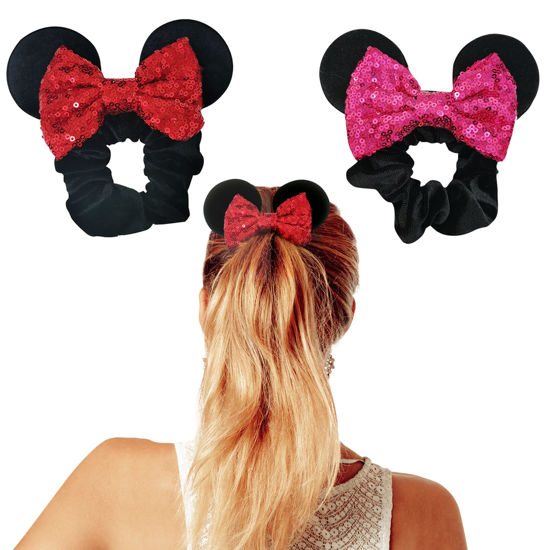 Picture of Styla Hair 2pk Mouse Ear Scrunchies for Kids Velvet Hair Bow Scrunchies for Women - Sparkle Sequins Mouse Hair Bands for Pony Tail (No14 Hot Pink Solid Red)