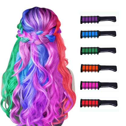 Picture of New Hair Chalk Comb Temporary Hair Color Dye for Girls Kids, Washable Hair Chalk for Girls Age 4 5 6 7 8 9 10 Birthday Cosplay DIY, Halloween, New Year 6 Colors