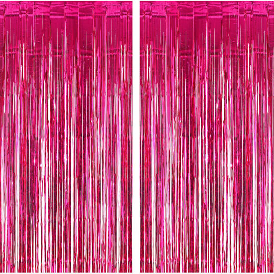 Picture of 2 Pack 3.2ft x 9.8ft Hot Pink Metallic Tinsel Foil Fringe Curtains for Birthday Bridal Shower Baby Shower Bachelorette Party Backdrop Decorations