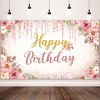 Picture of Happy Birthday Backdrop Decorations for Women Background Party Supplies Rose Backdrop Photography for Girls Boys Floral Glitters Banner Wedding Baby Shower Decor (Rose Gold)