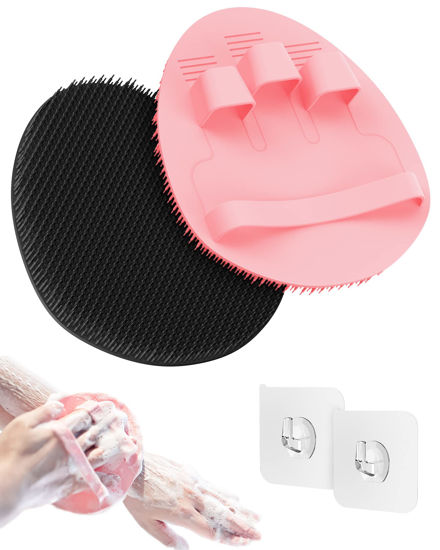 Picture of Manmihealth Soft Silicone Shower Brush, Super-Lathering and Deep-Cleaning Body & Face Scrubber, Gentle Exfoliating Bath Glove for All Skin Types, with 2 Free Hooks.(Black + Pink)