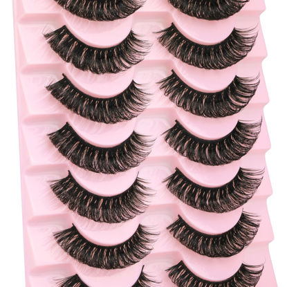 Picture of wiwoseo False Eyelashes Russian Strip Lashes D Curly Natural Wispy Fluffy Faux Mink Lashes 15MM Fake Eyelashes 10 Pairs Pack