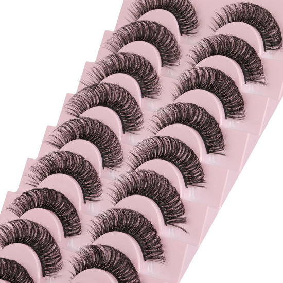 Picture of wiwoseo False Eyelashes Russian Strip Lashes D Curly Natural Wispy Fluffy Faux Mink Lashes 15MM 3D Effect Fake Eyelashes 10 Pairs Pack