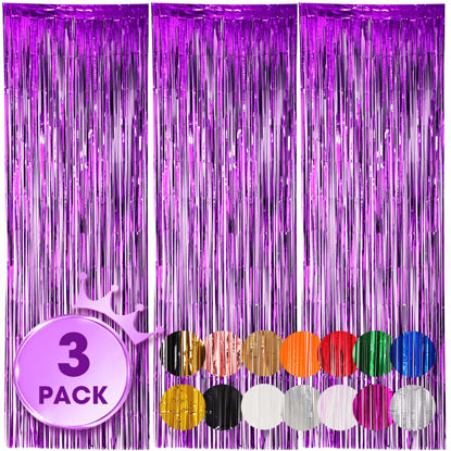 Picture of Voircoloria 3 Pack 3.3x8.2 Feet Purple Foil Fringe Backdrop Curtains, Tinsel Streamers Birthday Party Decorations, Fringe Backdrop for Graduation, Baby Shower, Gender Reveal, Disco Party