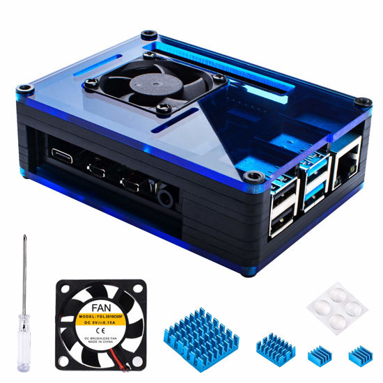 Picture of Miuzei Raspberry Pi 4 Case with Fan Cooling , 4 Pcs Aluminum Heat Sinks , Case for Raspberry Pi 4 Model B -Black/Blue (Pi 4 Board Not Included)