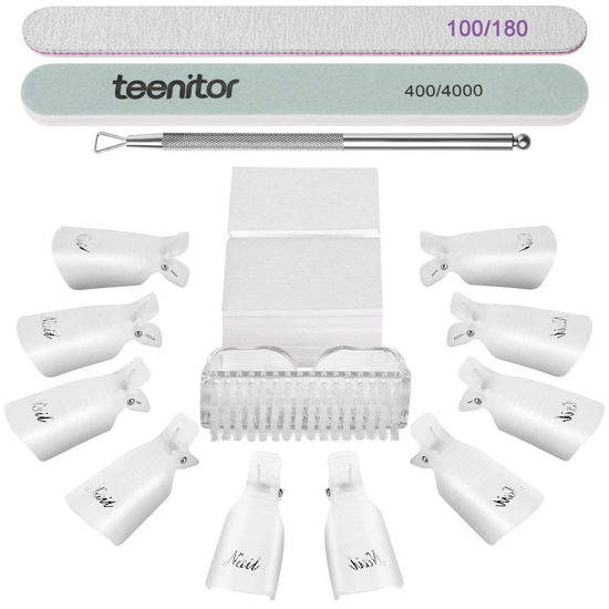 Picture of Teenitor gel nail remover kit with10pcs Gel Clip Remover, Brush for Nails, Nail Files 100/180, Buffer Block 400/4000, Stainless SteelCuticle Peeler and 115pcs Lint Free Cotton Pads Nail Wipe Clear