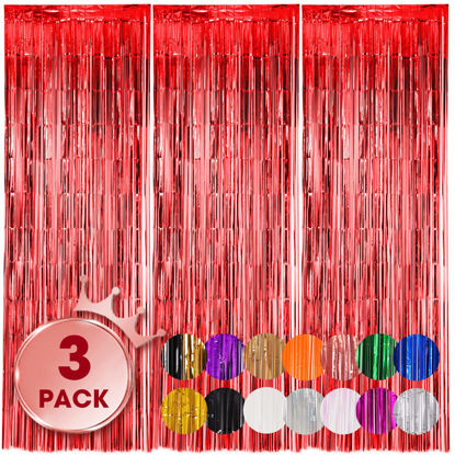 Picture of Voircoloria 3 Pack 3.3x8.2 Feet Red Foil Fringe Backdrop Curtains, Tinsel Streamers Birthday Party Decorations, Fringe Backdrop for Graduation, Baby Shower, Gender Reveal, Disco Party