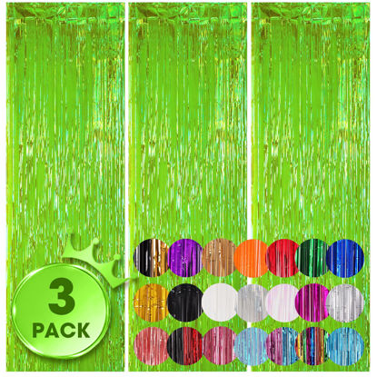 Picture of Voircoloria 3 Pack 3.3x8.2 Feet Neon Green Foil Fringe Backdrop Curtains, Tinsel Streamers Birthday Party Decorations, Fringe Backdrop for Graduation, Baby Shower, Gender Reveal, Disco Party