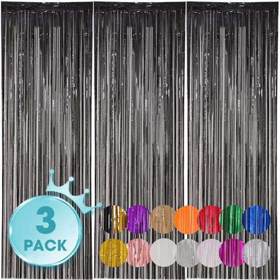 Picture of Voircoloria 3 Pack 3.3x8.2 Feet Black Foil Fringe Backdrop Curtains, Tinsel Streamers Birthday Party Decorations, Fringe Backdrop for Graduation, Baby Shower, Gender Reveal, Disco Party