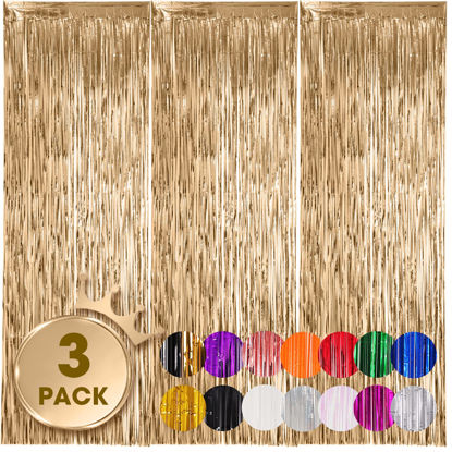 Picture of Voircoloria 3 Pack 3.3x8.2 Feet Champagne Foil Fringe Backdrop Curtains, Tinsel Streamers Birthday Party Decorations, Fringe Backdrop for Graduation, Baby Shower, Gender Reveal, Disco Party