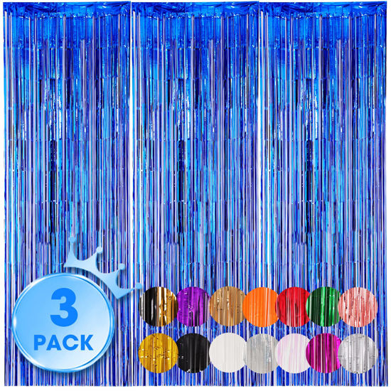 Picture of Voircoloria 3 Pack 3.3x8.2 Feet Blue Foil Fringe Backdrop Curtains, Tinsel Streamers Birthday Party Decorations, Fringe Backdrop for Graduation, Baby Shower, Gender Reveal, Disco Party