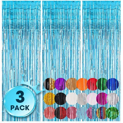 Picture of Voircoloria 3 Pack 3.3x8.2 Feet Light Blue Foil Fringe Backdrop Curtains, Tinsel Streamers Birthday Party Decorations, Fringe Backdrop for Graduation, Baby Shower, Gender Reveal, Disco Party