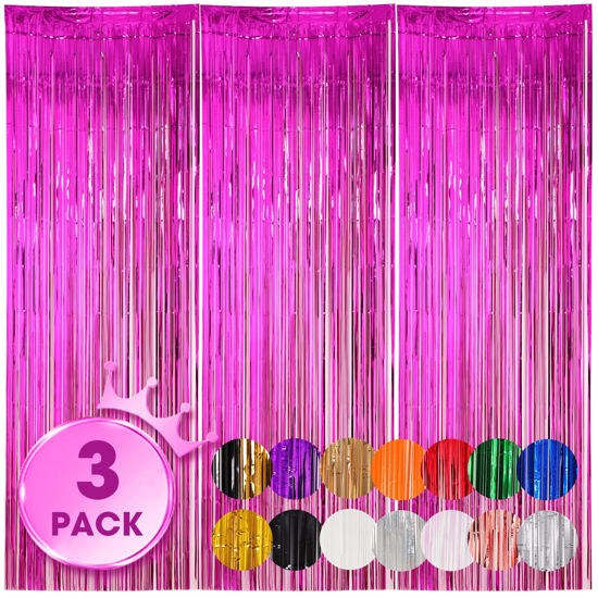 Picture of Voircoloria 3 Pack 3.3x8.2 Feet Pink Foil Fringe Backdrop Curtains, Tinsel Streamers Birthday Party Decorations, Fringe Backdrop for Graduation, Baby Shower, Gender Reveal, Disco Party