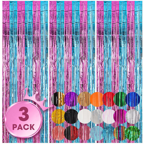 Picture of Voircoloria 3 Pack 3.3x8.2 Feet Blue and Pink Foil Fringe Backdrop Curtains, Tinsel Streamers Birthday Party Decorations, Fringe Backdrop for Graduation, Baby Shower, Gender Reveal, Disco Party