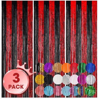 Picture of Voircoloria 3 Pack 3.3x8.2 Feet Red and Black Foil Fringe Backdrop Curtains, Tinsel Streamers Birthday Party Decorations, Fringe Backdrop for Graduation, Baby Shower, Gender Reveal, Disco Party