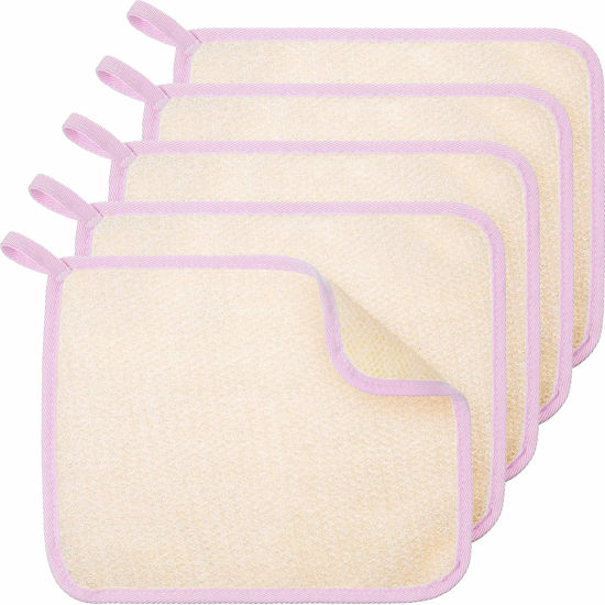 Picture of 5 Pieces Exfoliating Face and Body Wash Cloths Towel Weave Bath Cloth Exfoliating Scrub Cloth Massage Bath Cloth for Women and Men (Pink Edge,11.81 x 11.8 Inch)