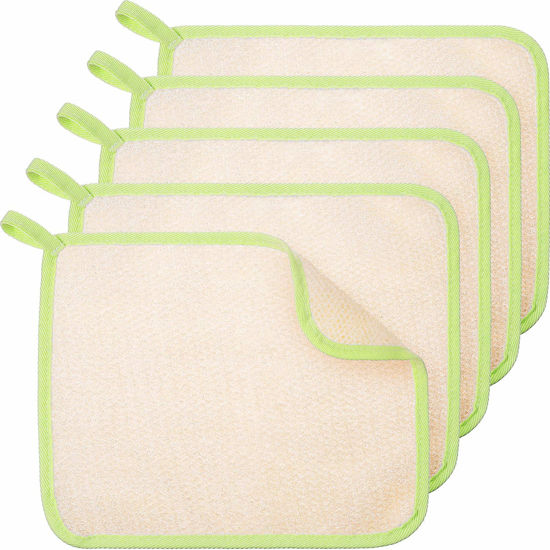 Picture of 5 Pieces Exfoliating Face and Body Wash Cloths Towel Weave Bath Cloth Exfoliating Scrub Cloth Massage Bath Cloth for Women and Men (Green Edge,11.81 x 11.8 Inch)