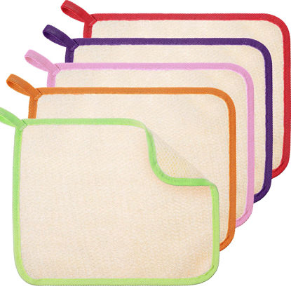 Picture of 5 Pieces Exfoliating Face and Body Wash Cloths Towel Weave Bath Cloth Exfoliating Scrub Cloth Massage Bath Cloth for Women and Men (Green, Orange, Pink, Purple, Red Edge,10.63 x 9.05 Inch)