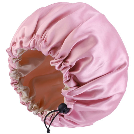 Picture of Satin Bonnet Silk Bonnet for Curly Hair Bonnet Braid Bonnet for Sleeping Bonnets for Women Large Double-Layer Adjustable Dark Pink