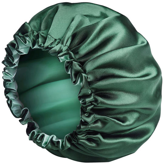 Picture of Satin Bonnet Silk Bonnet for Curly Hair Bonnet Braid Bonnet for Sleeping Bonnets for Women Large Double-Layer Adjustable Green