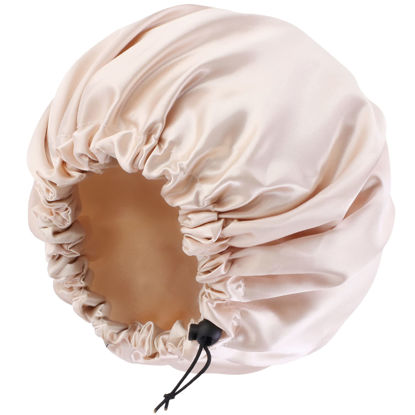 Picture of Satin Bonnet Silk Bonnet for Curly Hair Bonnet Braid Bonnet for Sleeping Bonnets for Women Large Double-Layer Adjustable Champagne