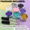 Picture of 8 Colors of Holographic Chunky Glitter with Quick Dry Glue Pack 1, 8 Pots Total 80g Multi-Shaped for Body Hair Face Eyes Make-up, Nail Art and Bedazzling in Party/Concert/Events Glitter