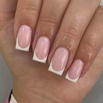 Picture of RikView French Tip Press on Nails Medium Fake Nails White Stick on Nails Square Pink Nails for Women