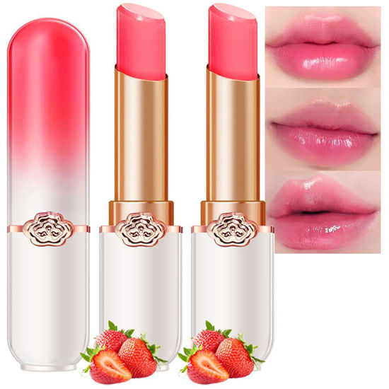 Picture of evpct 2Pcs Strawberry Tinted Lip Balms PH Lip Color Changing Lipstick Balm Stain Gift Set Queen for Women Girls Korean Mood Long Lasting Color Change Light Pink Lipstick Lip Tint Plumper Gloss