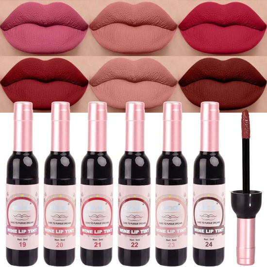 Picture of evpct 6Pcs Wine Bottle Lip Tint Stain Mauve Light rosey nude Ruby red Dark red Light pink beige Red brown Matte Liquid Lip stick Gloss Sets for Women labiales mate 24 horas originales en forma de vino