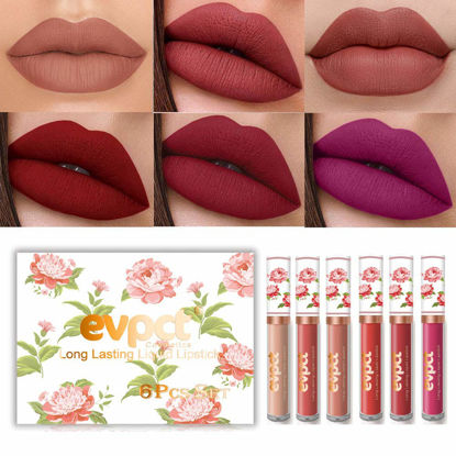 Picture of evpct 6Pcs Peony Flower Liquid Matte Lipstick Set,Dark Red Purple Matte Matt Permanent Lipsticks Lip Stain Set for Women Long Lasting Waterproof 24 Matt Liquid Lippies labiales matte larga duracion 24