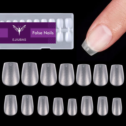 Picture of Ejiubas Short Coffin Nail Tips, 15 Sizes Pre-buff Finish Soft Gel Nail Tips, 300Pcs Ultra Fit & Natural, Full Cover Gel Nails with Box for Nail Extensions